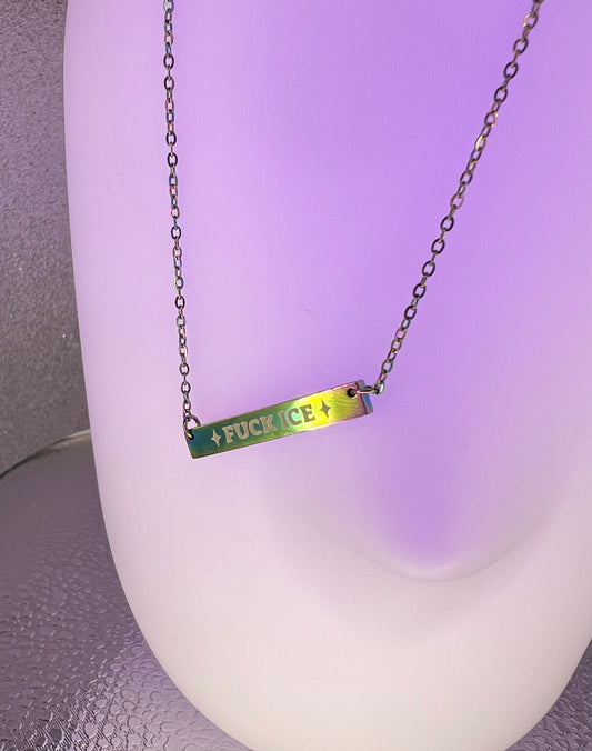 FUCK ICE engraved horizontal bar necklace