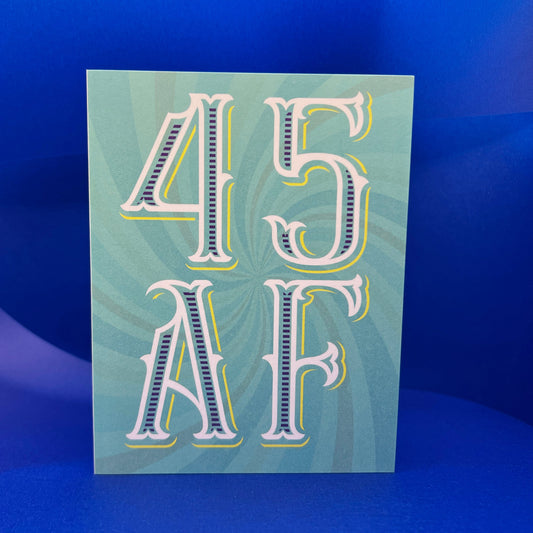 Card with '45 AF' text on a blue background