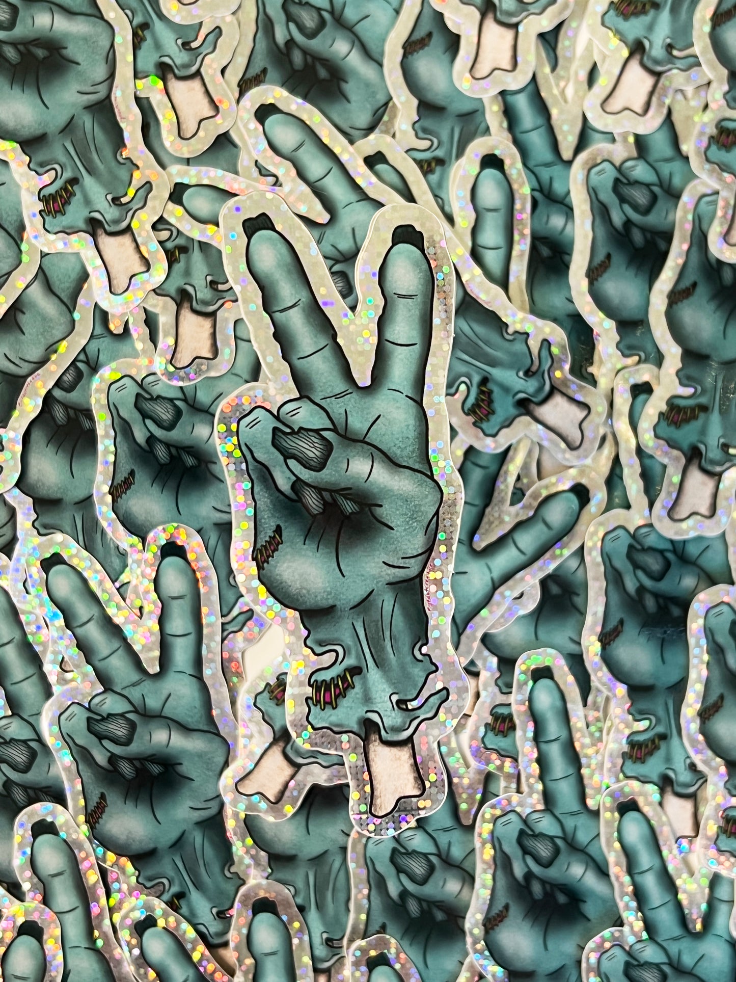 Peace Out zombie hand holographic glitter vinyl sticker