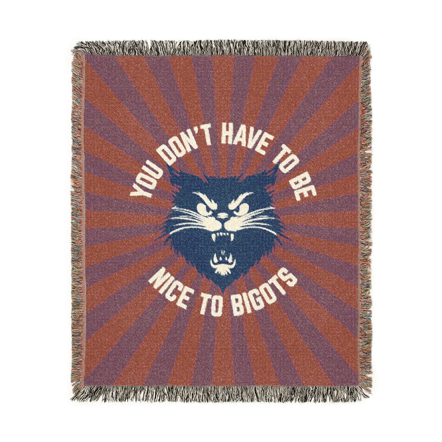 Woven blanket with a cat design and text on a white background