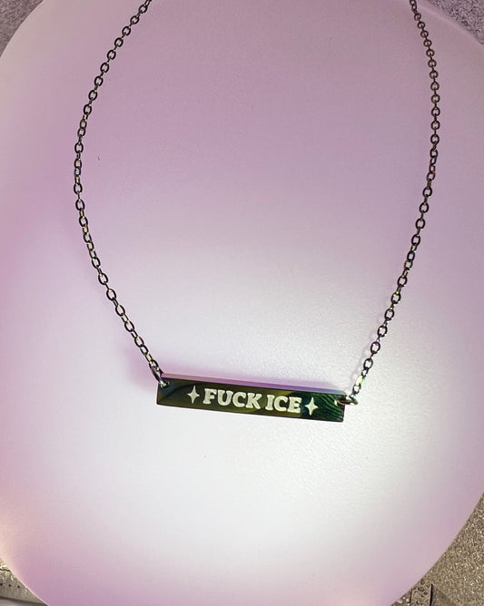 FUCK ICE engraved horizontal bar necklace