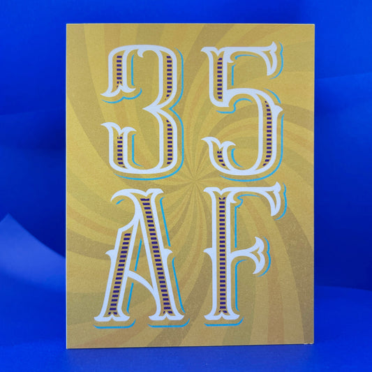 Card with '35 AF' text on a blue background