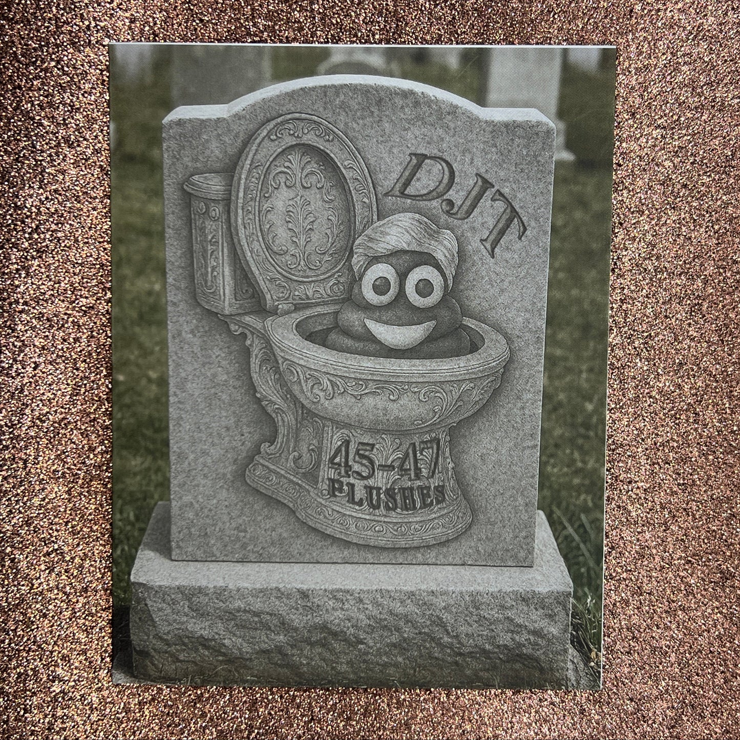 Decorative stone with a design of a face and text on a textured surface