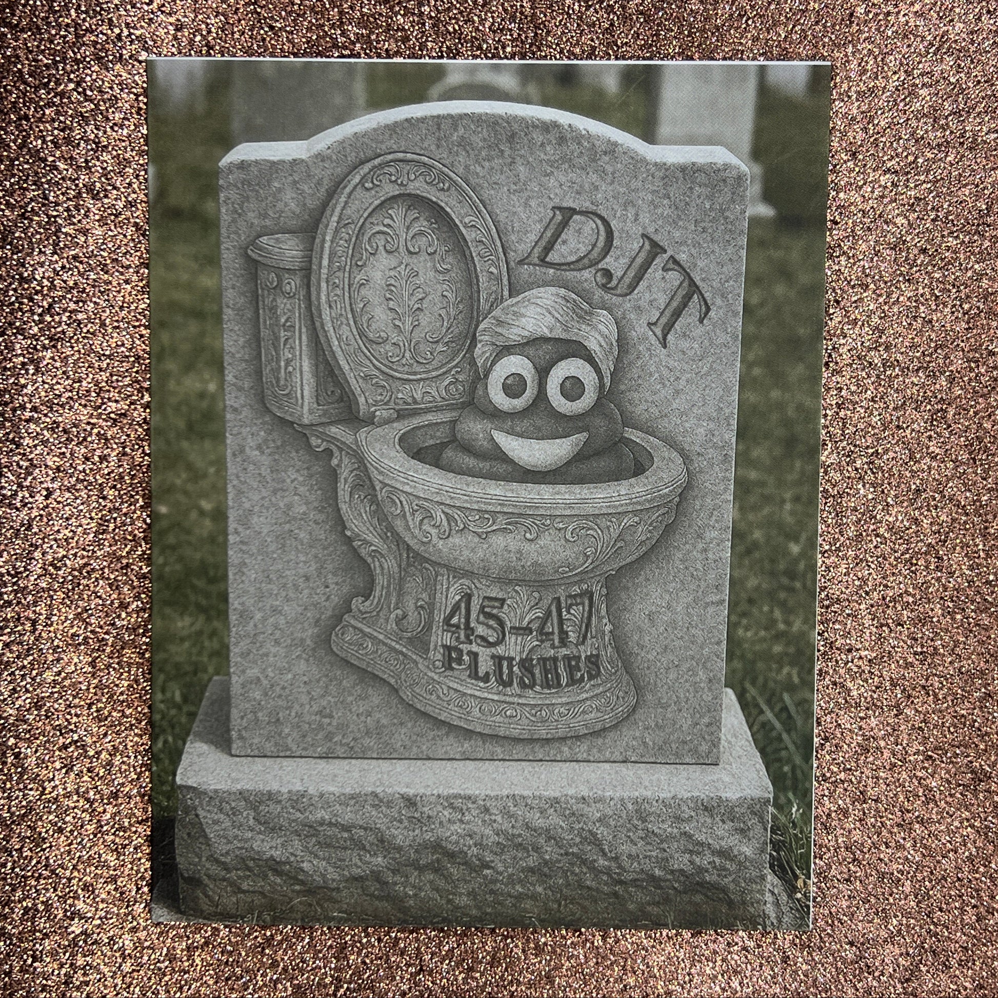 Decorative stone with a design of a face and text on a textured surface