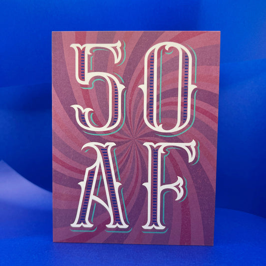 Card with '50 AF' text on a blue background