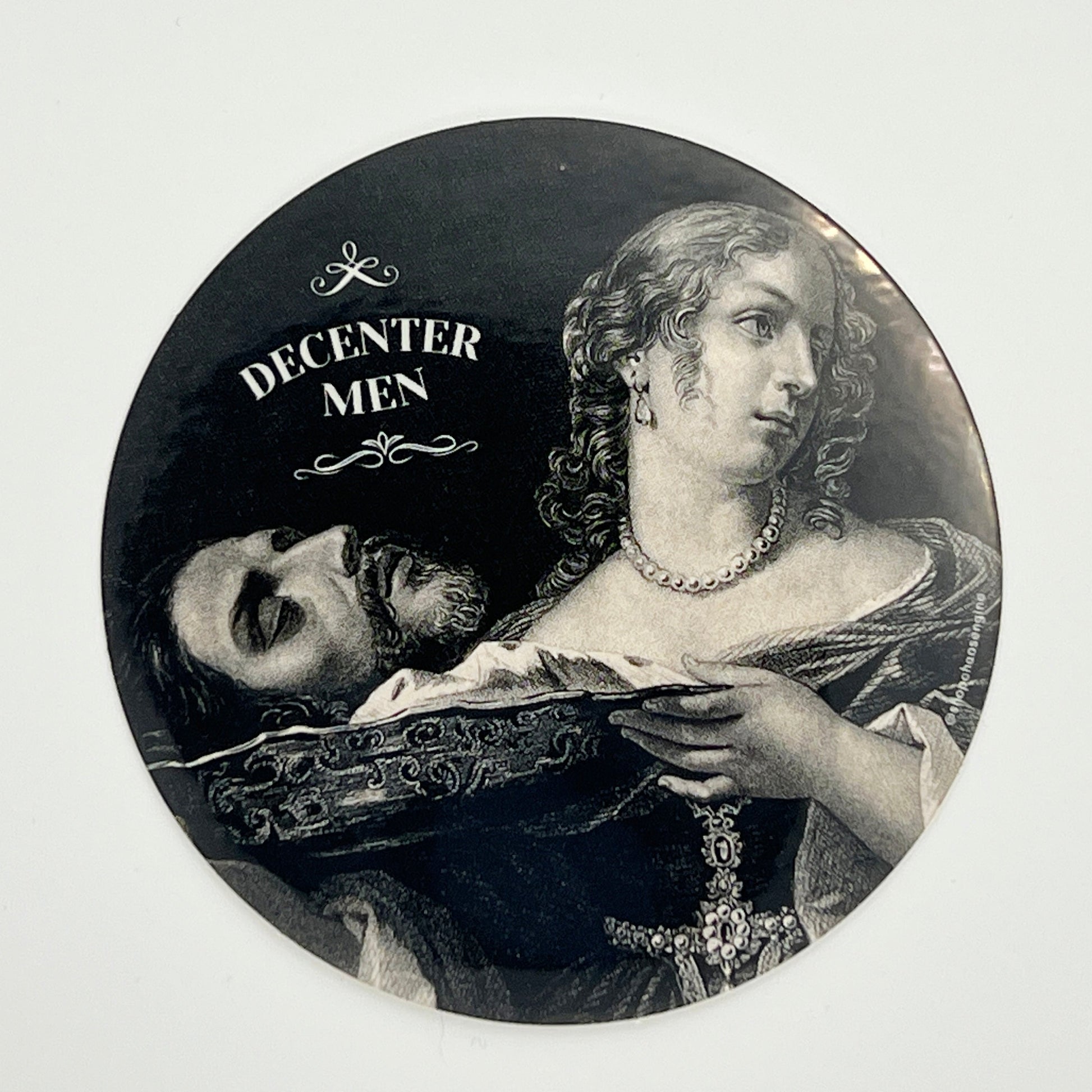Circular artwork with classical illustration of a woman and man, featuring the text 'Decenter Men'.