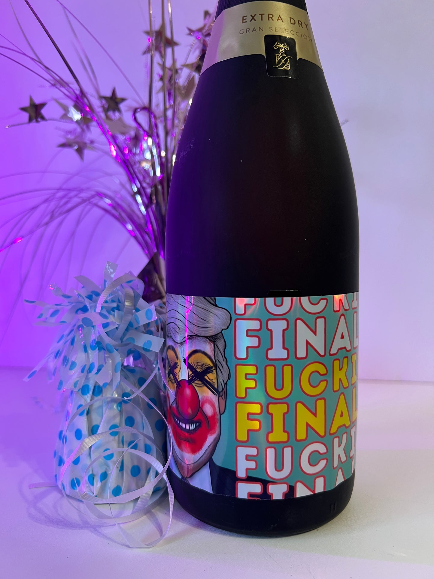 Fuckin' Finally! celebratory bottle label for the Big Beautiful Funeral