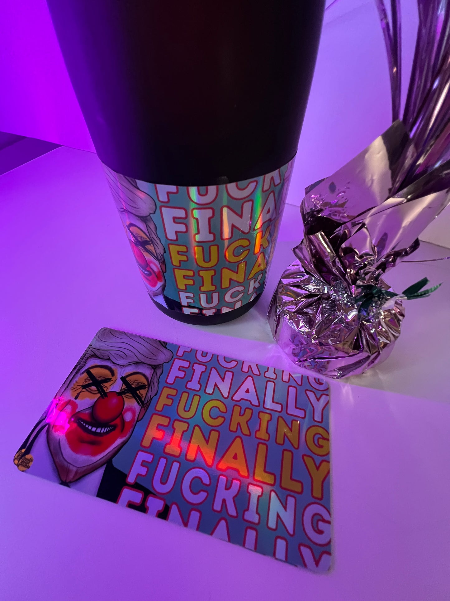 Fuckin' Finally! celebratory bottle label for the Big Beautiful Funeral