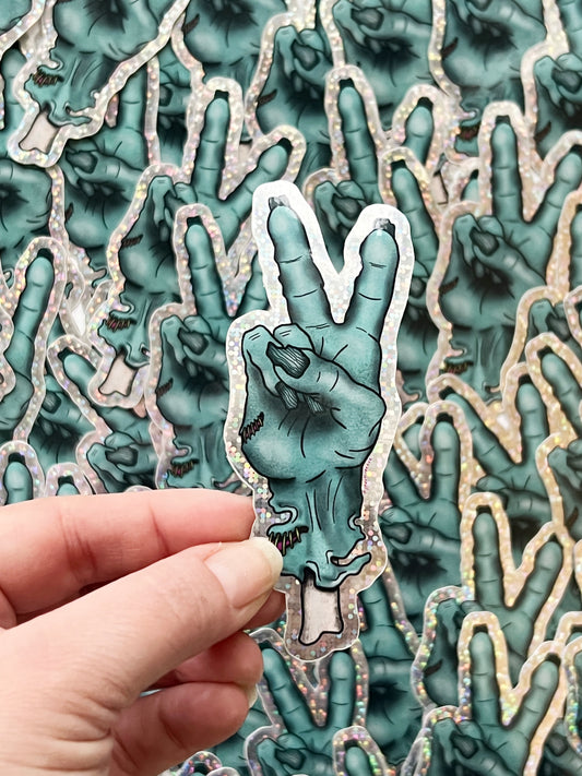 Peace Out zombie hand holographic glitter vinyl sticker