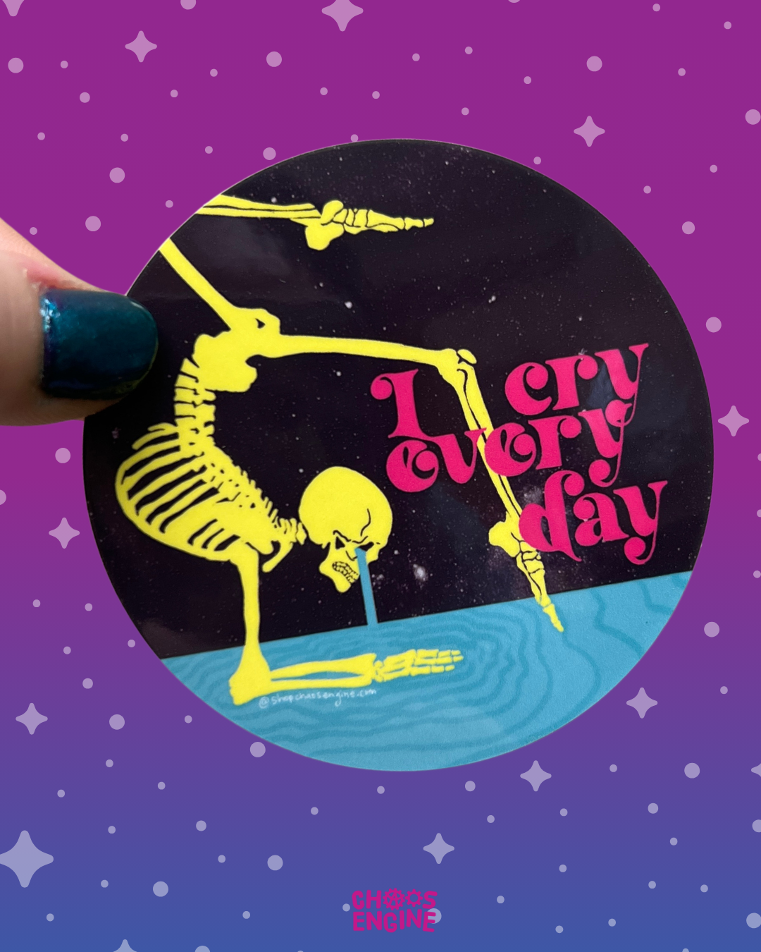 Vinyl sticker with a skeleton design and text 'I cry every day' on a purple background