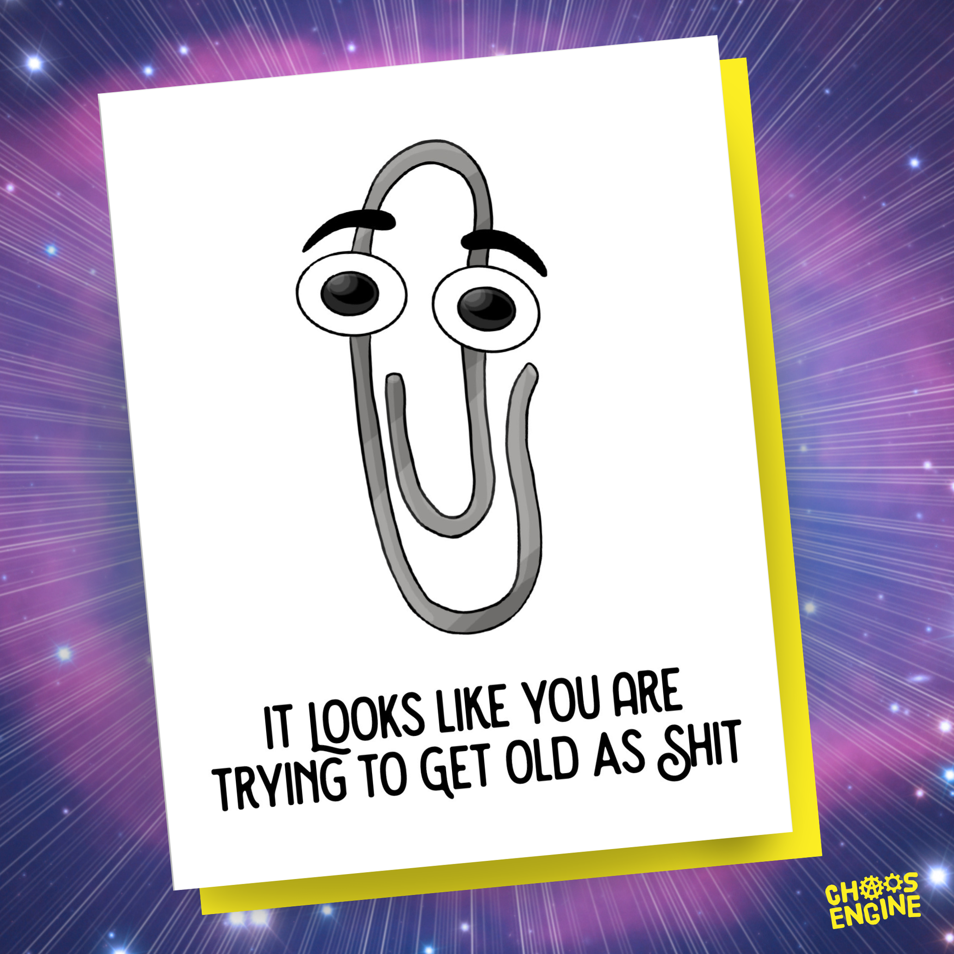 Cartoon paperclip with googly eyes on a card with humorous text against a colorful background