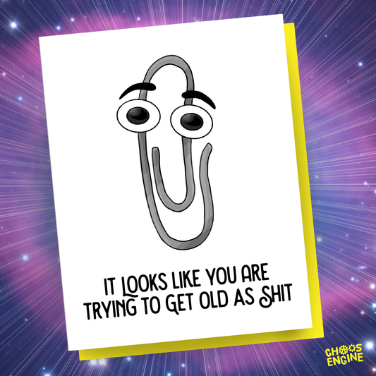 Cartoon paperclip with googly eyes on a card with humorous text against a colorful background