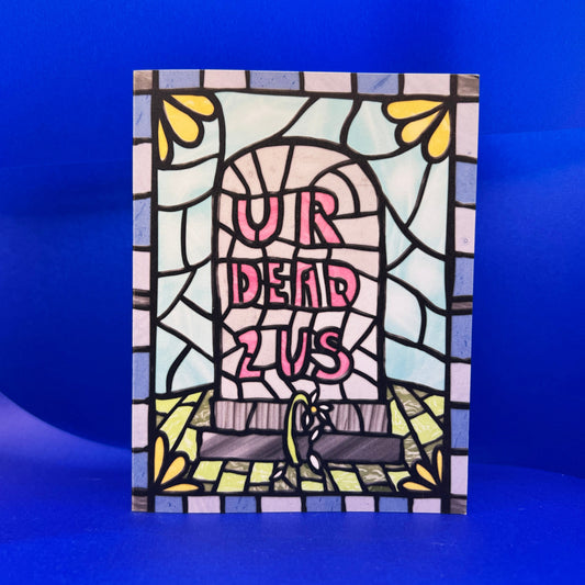 Stylized stained glass window design with text on a blue background