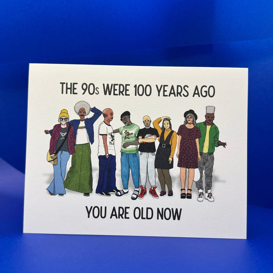 Card with illustration of people from the 90s on a blue background