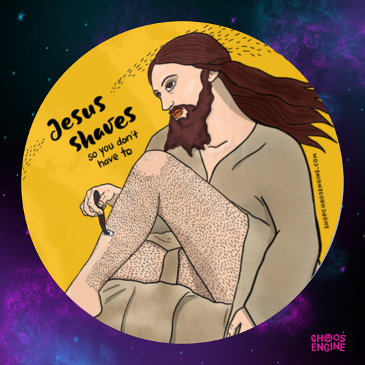 Illustration of a bearded figure shaving with text 'Jesus Shaves so you don't have to' on a cosmic background.