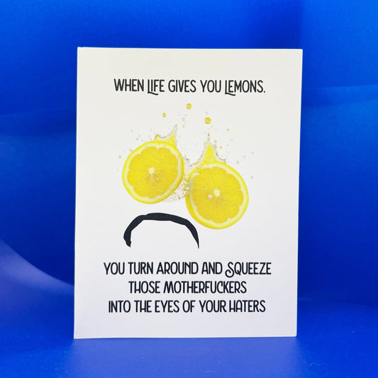 Card with lemon graphic and text on a blue background