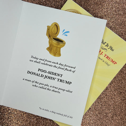 Card with a gold toilet graphic and text on a textured surface