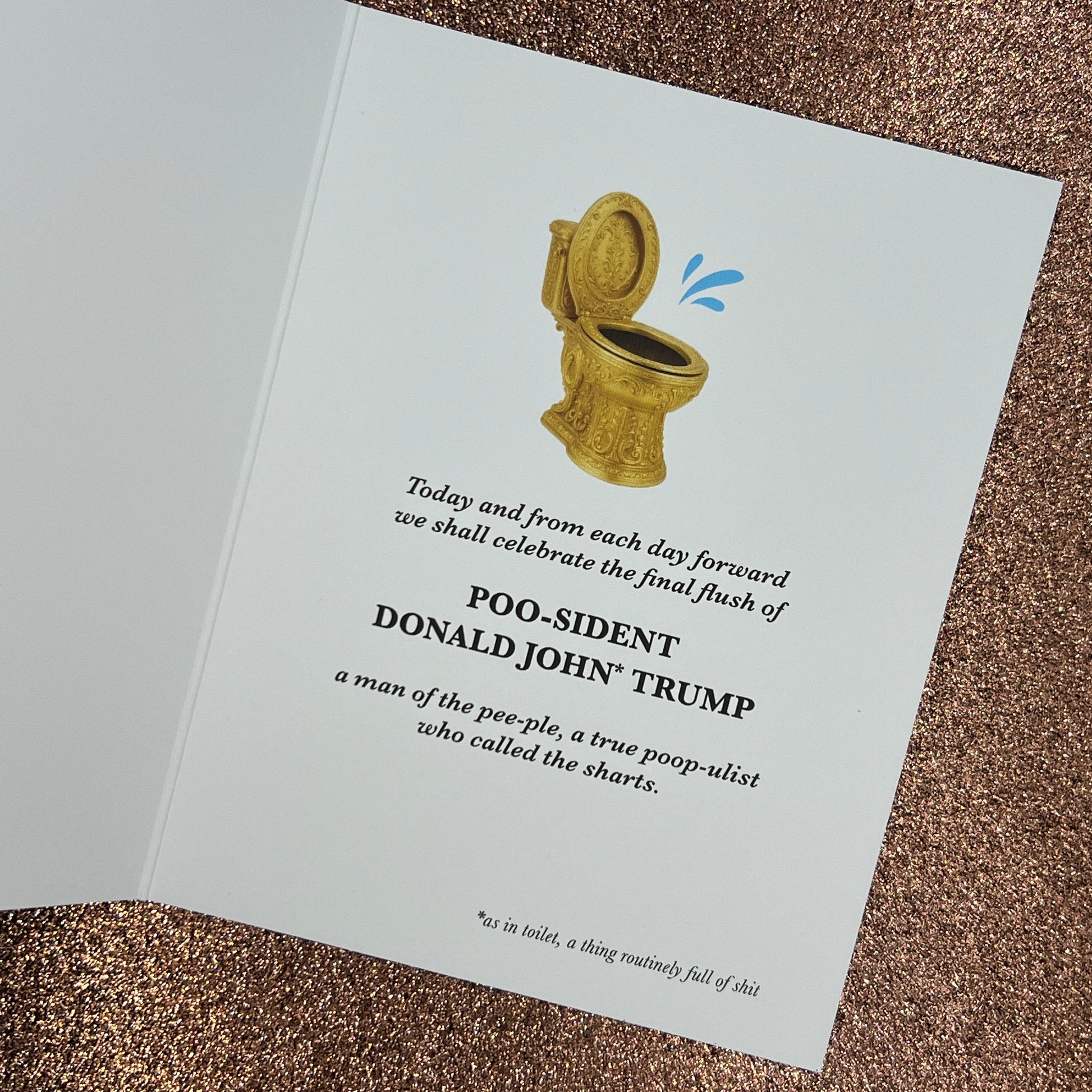 Card with a cartoon illustration of a gold toilet and text on a brown textured background
