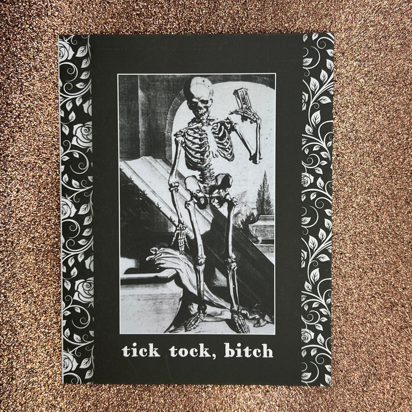 Black and white illustration of a skeleton with text on a textured brown background
