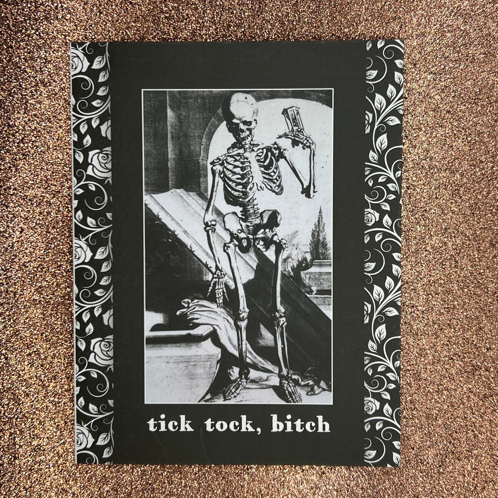 Black and white illustration of a skeleton with text on a textured brown background