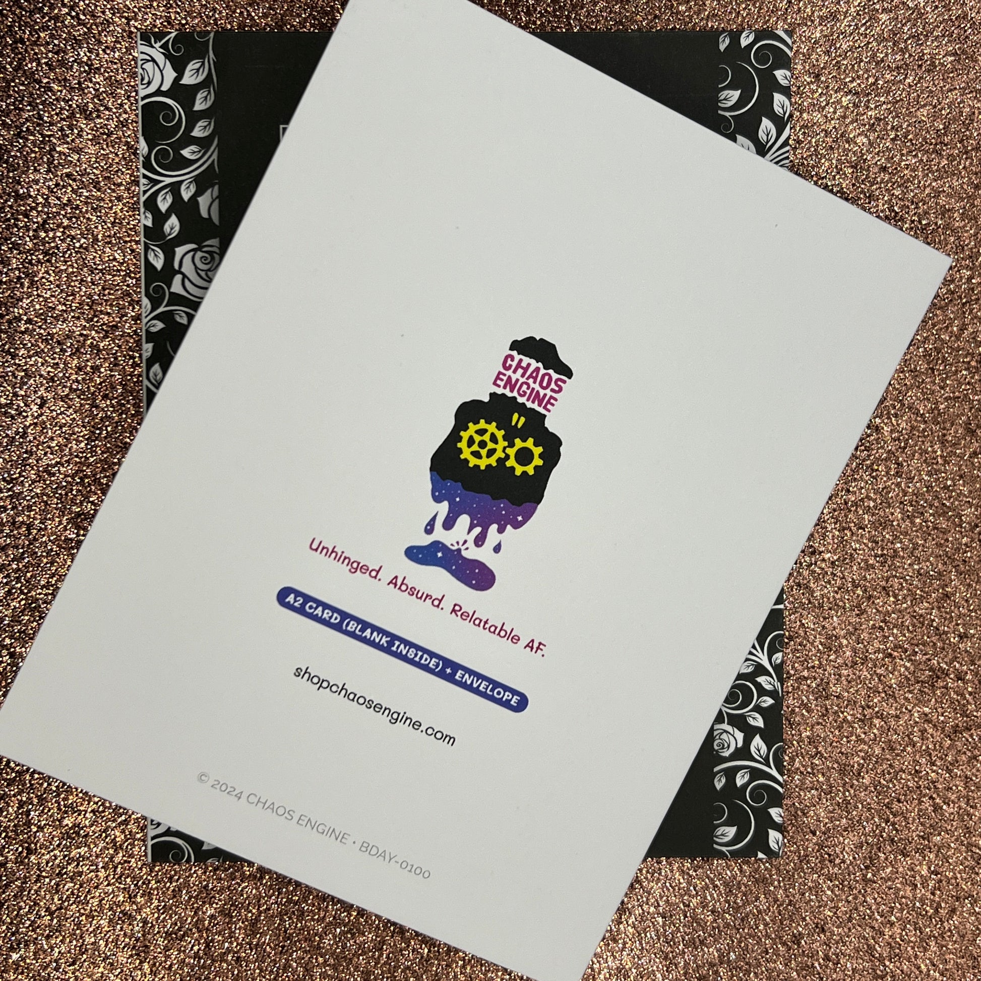 Back of Tick Tock Bitch card, showing branding elements of Chaos Engine