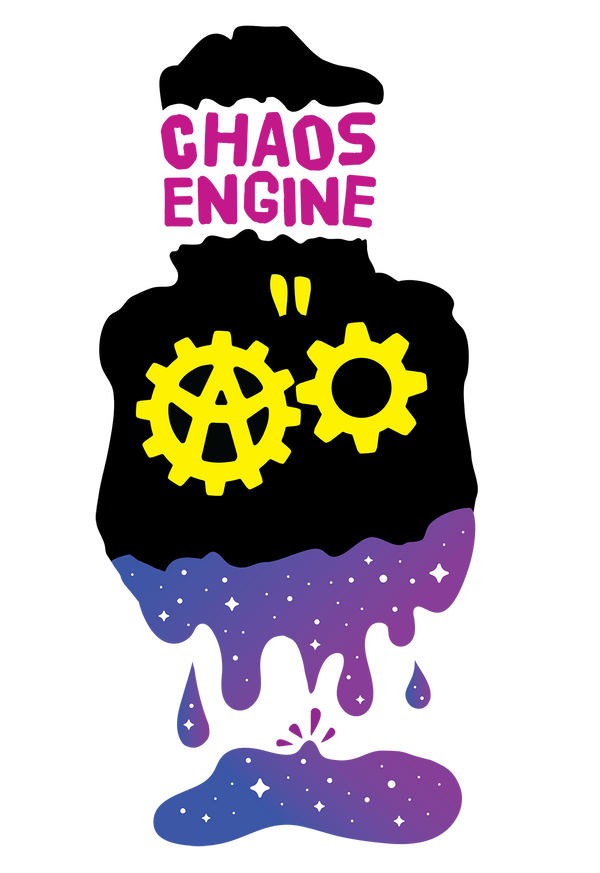 Logo with 'Chaos Engine' text, black silhouette, yellow gears, and purple liquid-like design on a white background.
